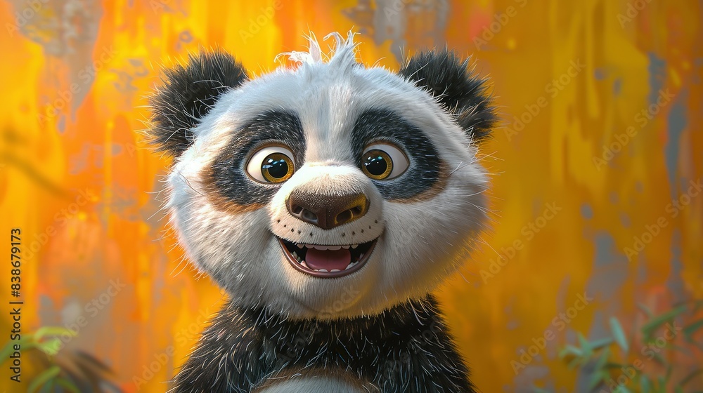 Fototapeta premium Joyful Jaune: Adorable Cartoon Panda on Vibrant Yellow