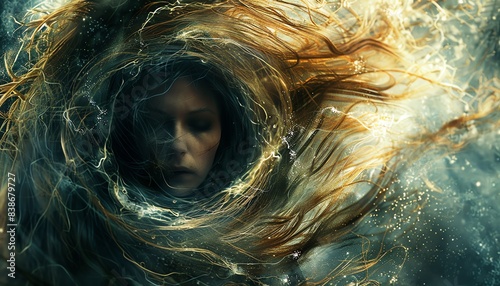 Realistic highdefinition image woman through black hole, hair gravitating and merging, sharp and contrasted, gravitational collapse, spacetime implosion photo