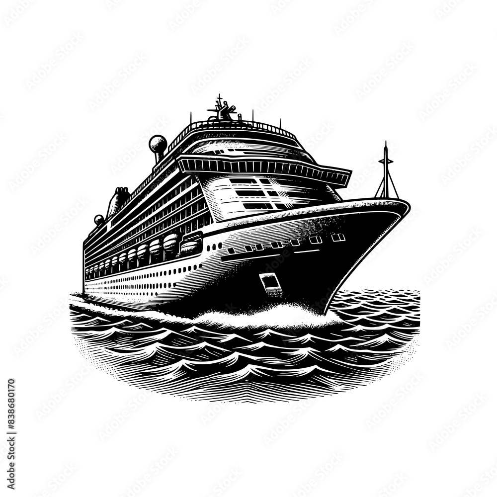 cruise ship in ocean with wave vector illustration