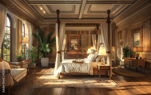 Grand mansion master bedroom with a big fourpost canopy bed, photorealistic detail, luxurious decor, warm and inviting lighting photo