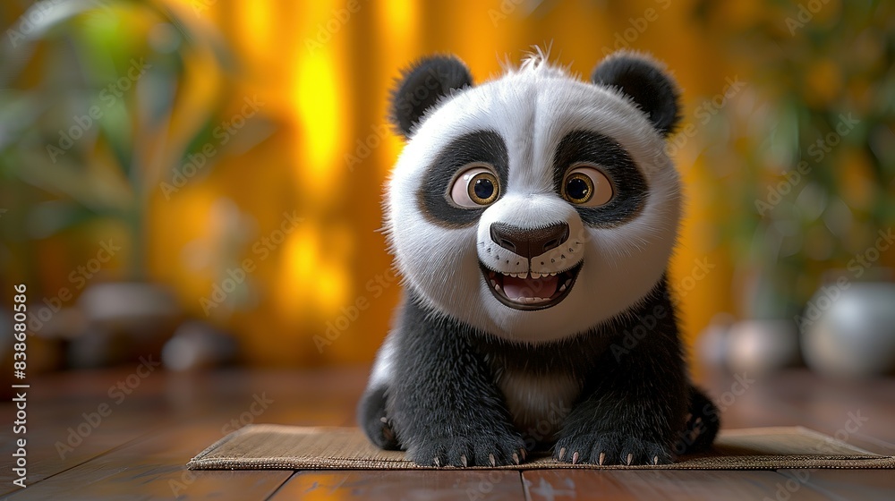 Radiant Panda: Adorable Smile on Yellow Backdrop Radiant Panda: Adorable Smile on Yellow Backdrop