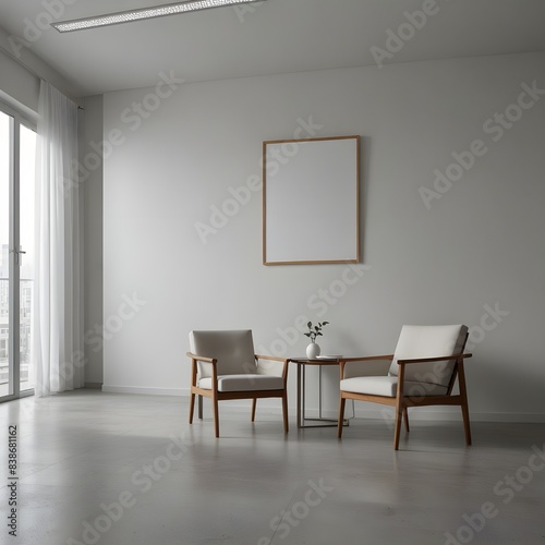 hall of collage  chair A mockup of an empty white poster on the wall in modern hall of collage  room with comfortable chairs and medical equipment. empty white blank poster o