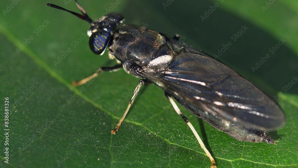 Fototapeta premium A black soldier fly on a leaf