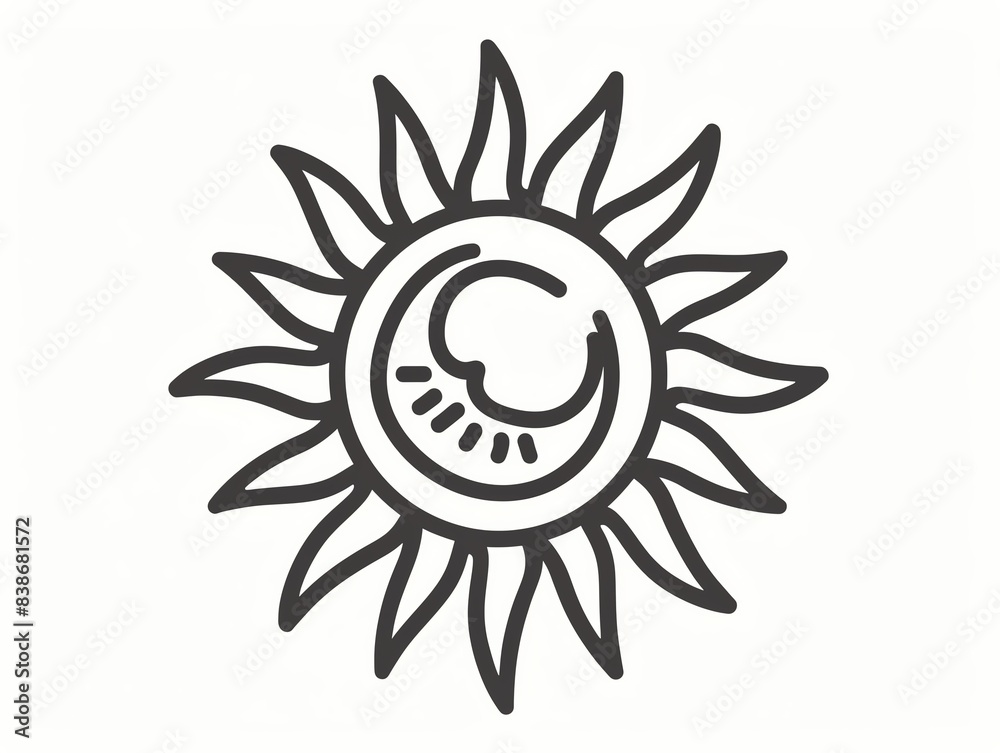 Hand drawn sun and moon icon illustration in black and white.