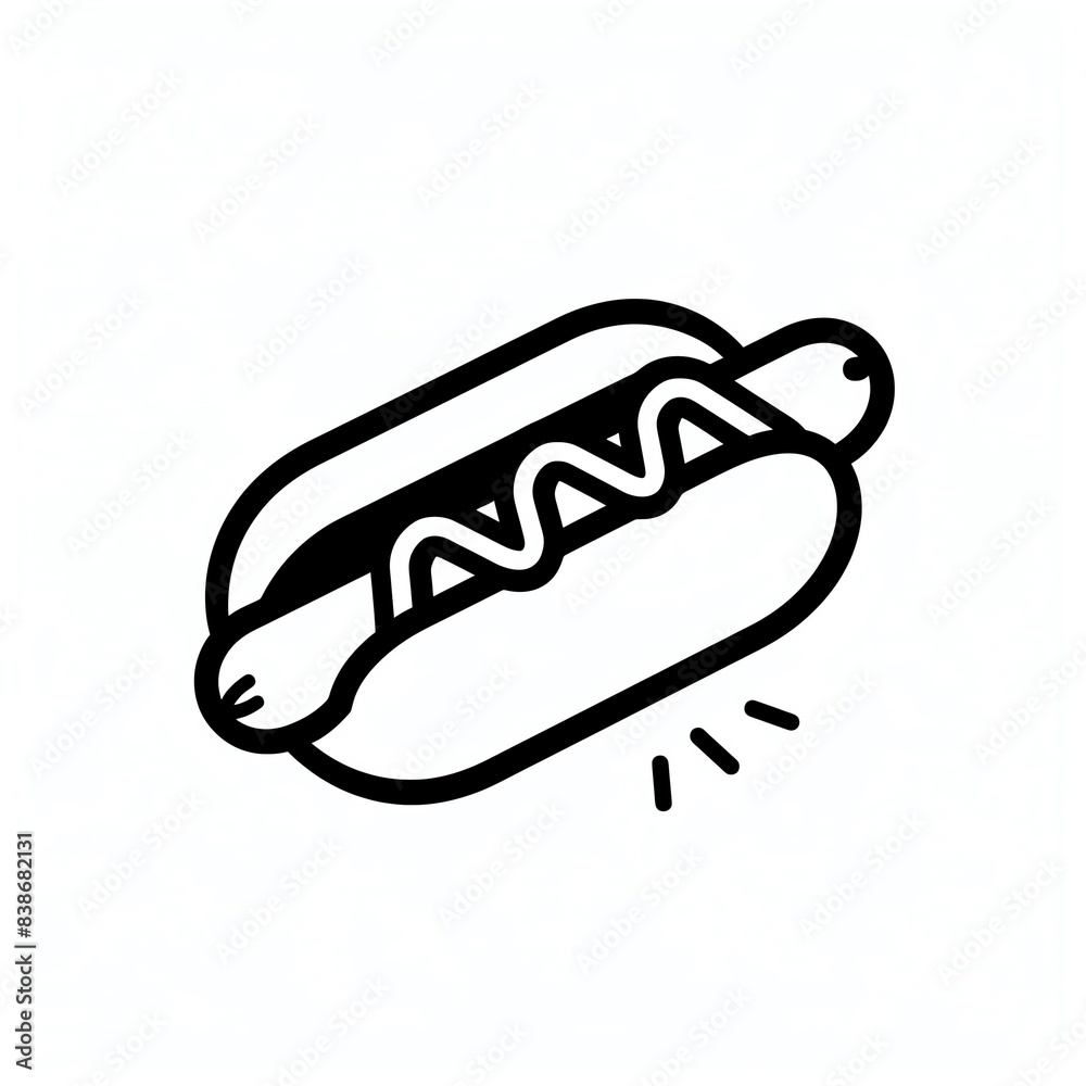 Line art illustration of a hot dog with mustard Line art illustration of a hot dog with mustard