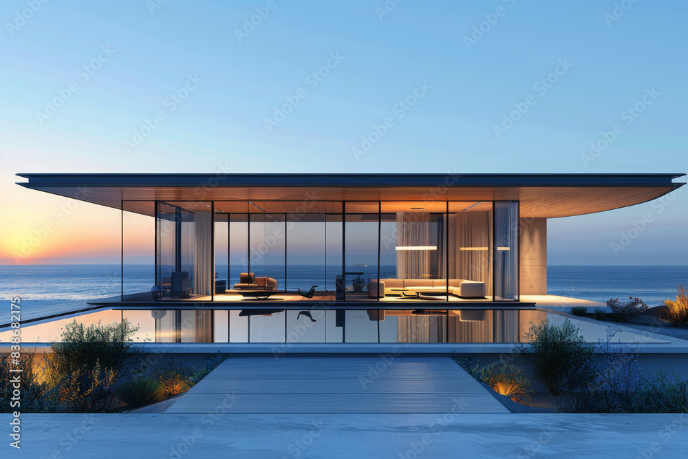 Fototapeta premium Luxury Island Villa With Infinity Pool At Sunset. 