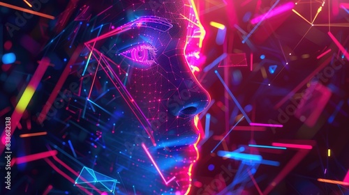 Technology abstract background. computer digital futuristic neon square frame with AI face, 3d geometric shapes in cyberspace. Artificial intelligence head. Abstract digital computer tech banner photo