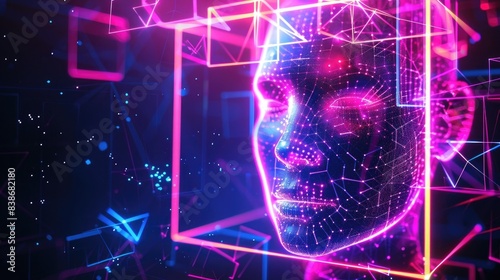 Technology abstract background. computer digital futuristic neon square frame with AI face, 3d geometric shapes in cyberspace. Artificial intelligence head. Abstract digital computer tech banner photo