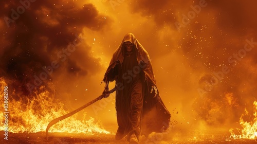Grim Reaper: the iconic figure of death, shrouded in darkness and wielding a scythe, symbolising the inevitable end of life and the passage into the unknown.