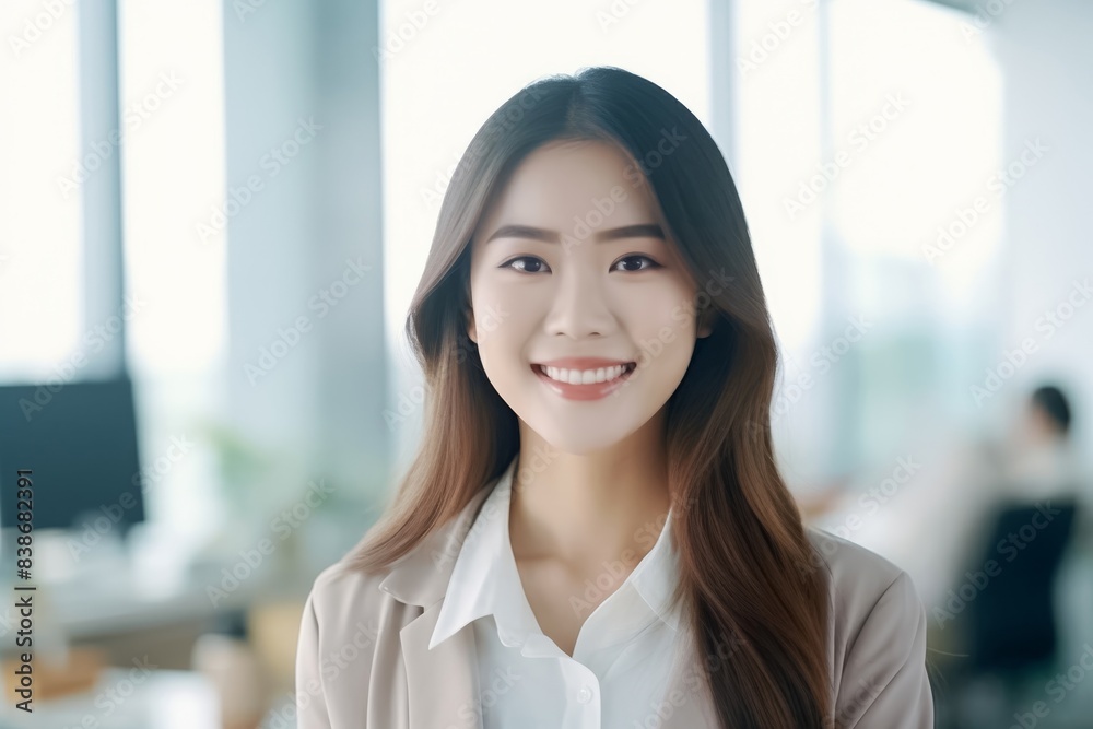 Young happy businesswoman sitting in modern office. Beautiful manager smiling, working on workplace. Generative AI. Young happy businesswoman sitting in modern office. Beautiful manager smiling, working on workplace. Generative AI.