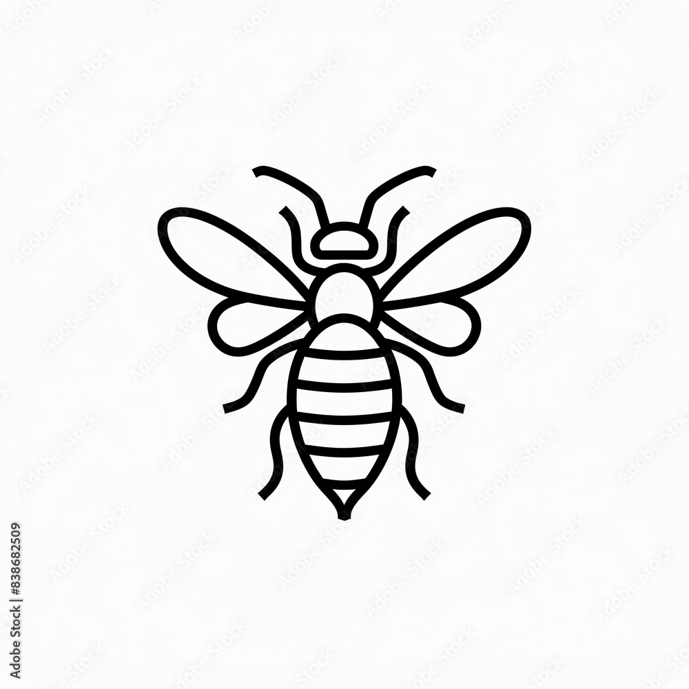 Simple line drawing of a bee with wings, legs, and stripes Simple line drawing of a bee with wings, legs, and stripes