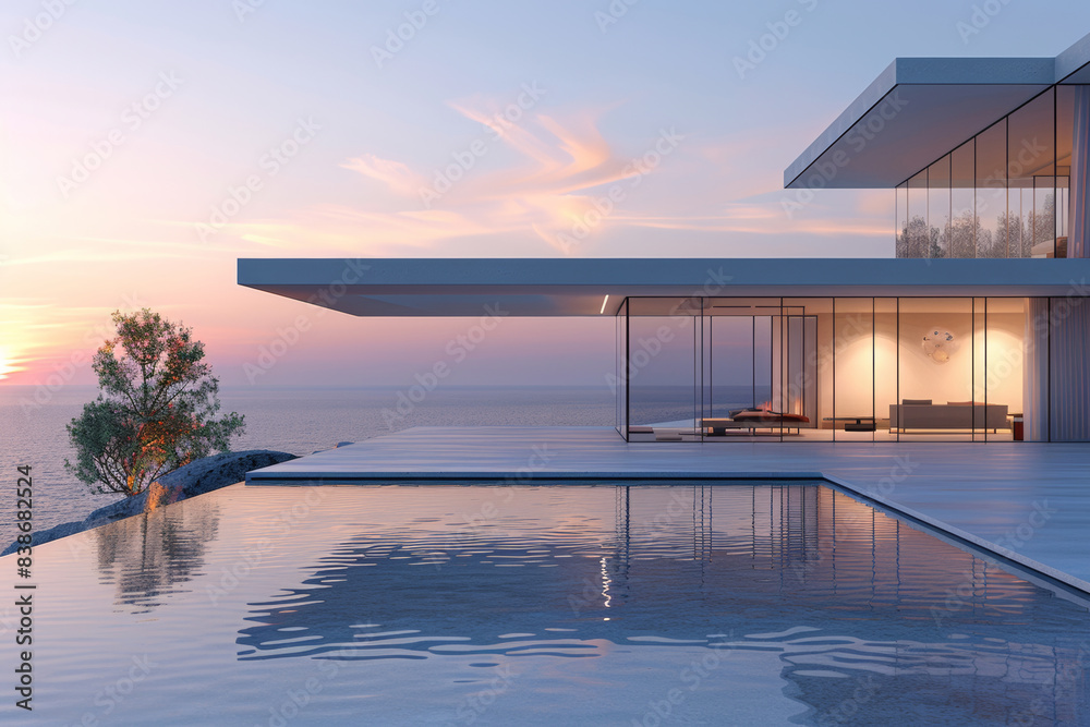 Luxury Island Villa With Infinity Pool At Sunset.
Luxury Island Villa With Infinity Pool At Sunset.