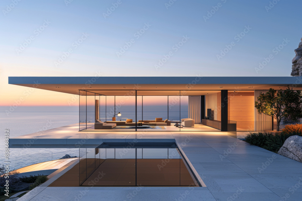 Fototapeta premium Luxury Island Villa With Infinity Pool At Sunset. 