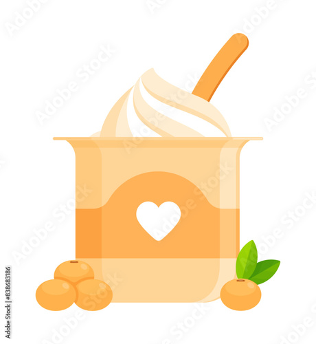 Soy yogurt in a container with a spoon. Flat icon isolated on white background. Dairy-free and plant-based food concept for vegan diets. Perfect for use in food packaging and nutritional guides