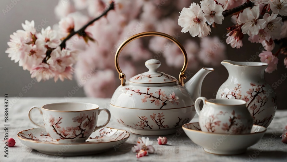 A delicate cherry blossom tea set with floral patterns, capturing the essence of spring A delicate cherry blossom tea set with floral patterns, capturing the essence of spring
