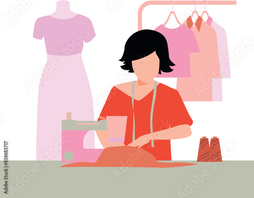 A female is sewing the clothes.