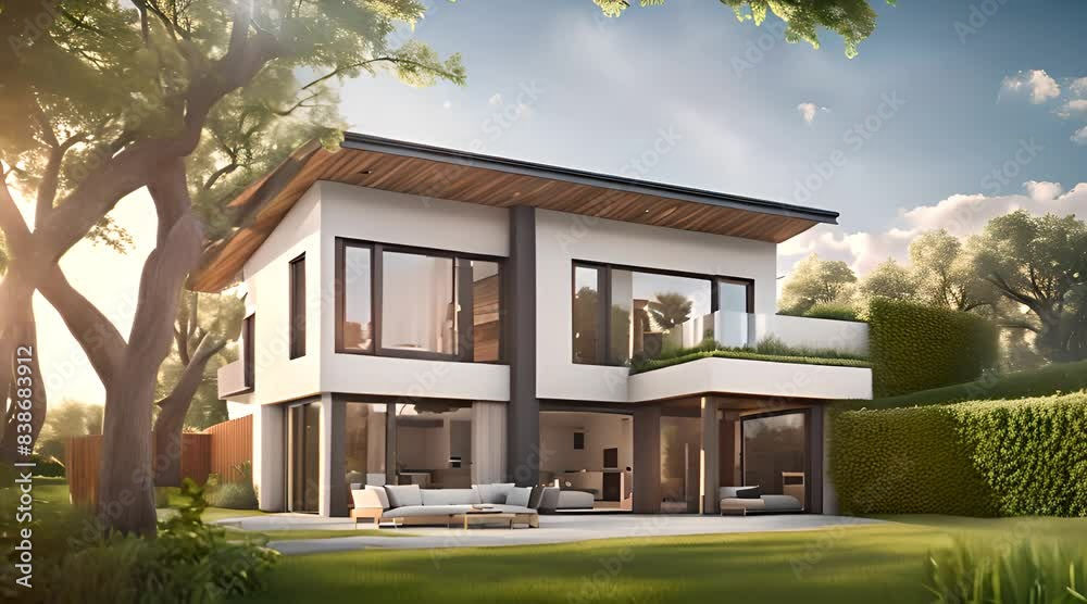 Eco-friendly house with garden in a modern suburb on a sunny day