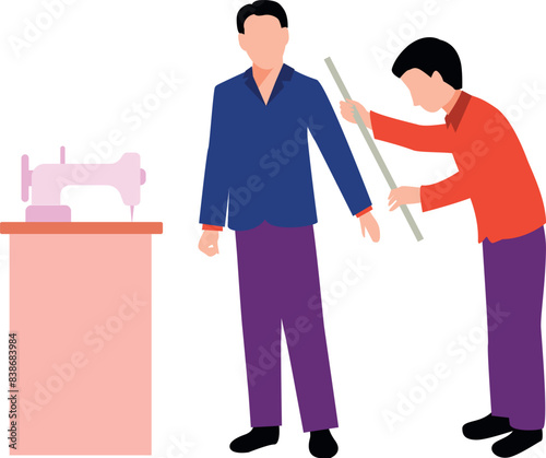 A tailor is measuring a boy's clothes.