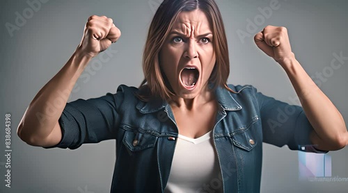 Femme en colère exprimant sa colère avec les poings serrés devant elle