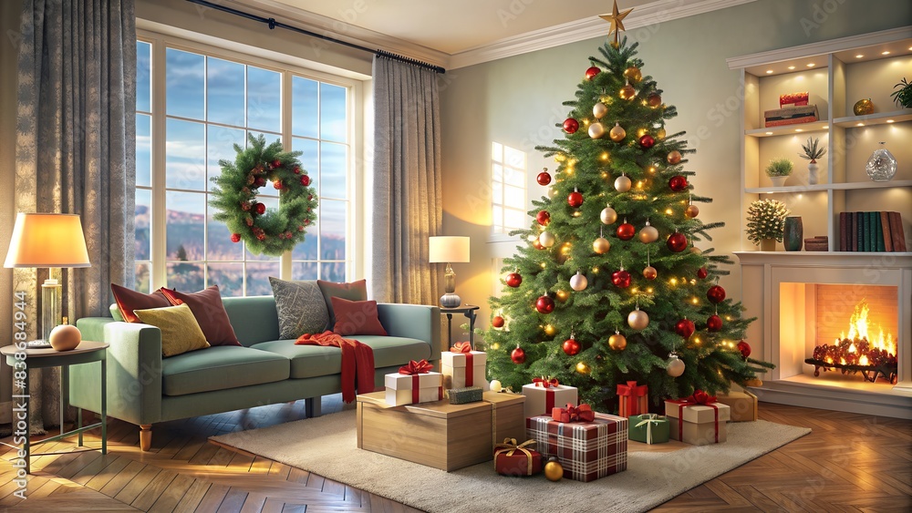 Living Room Christmas Tree with Ornaments and Wrapped Gifts