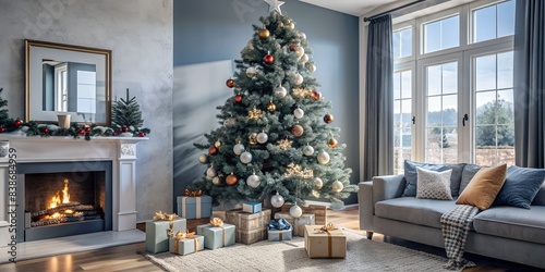 Decorated Christmas Tree with Presents in a Beautifully Festive Living Room © MdNazim