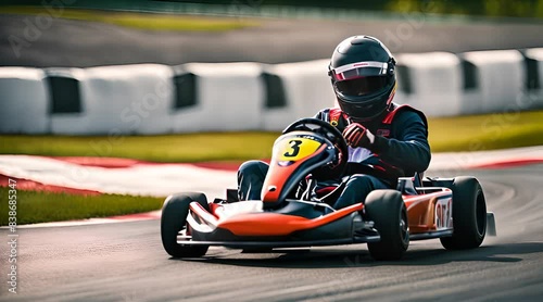 Homme faisant du karting sur une piste à pleine vitesse photo