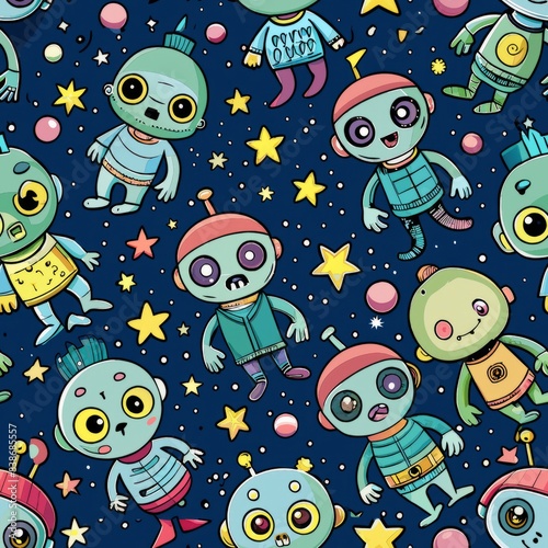 Seamless pattern of cute cartoon zombie astronauts floating in space with starry eyes, Generative AI