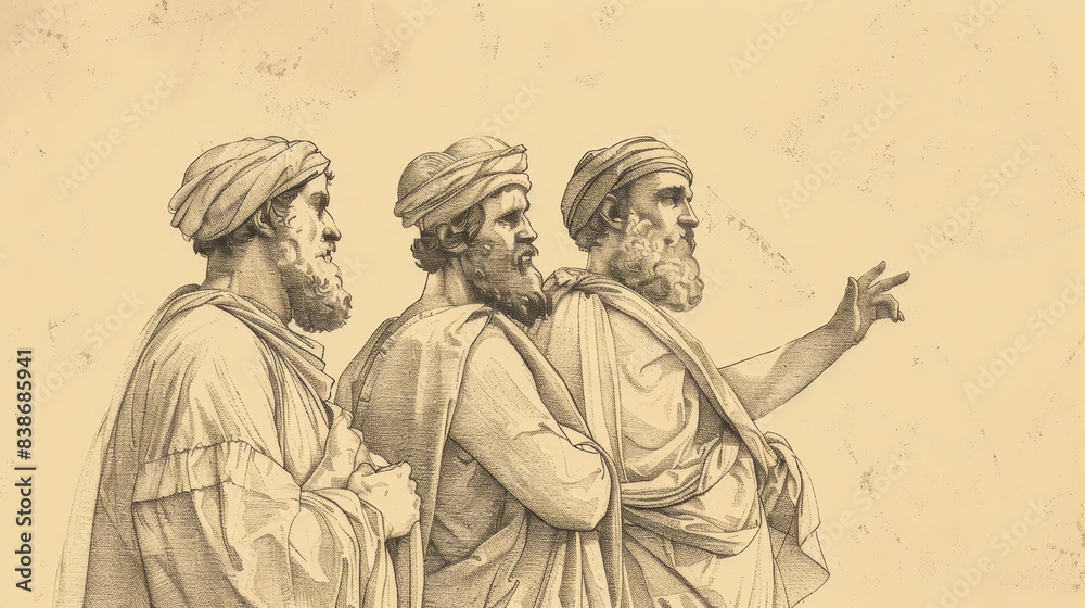 Fototapeta premium Ascension and Promise: Acts 1 Biblical Illustration with Selection of Matthias on Beige Background and Copyspace