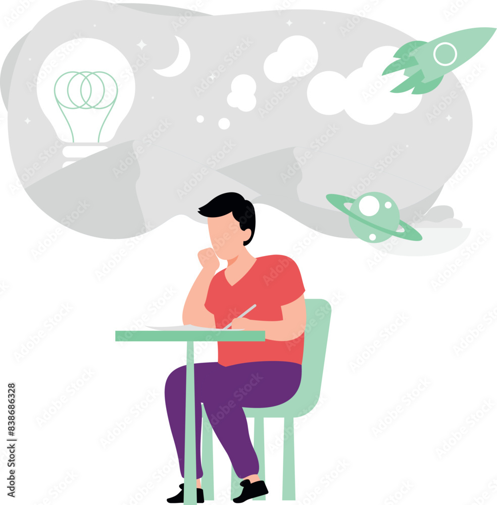 Boy is writing while daydreaming about space. Boy is writing while daydreaming about space.
