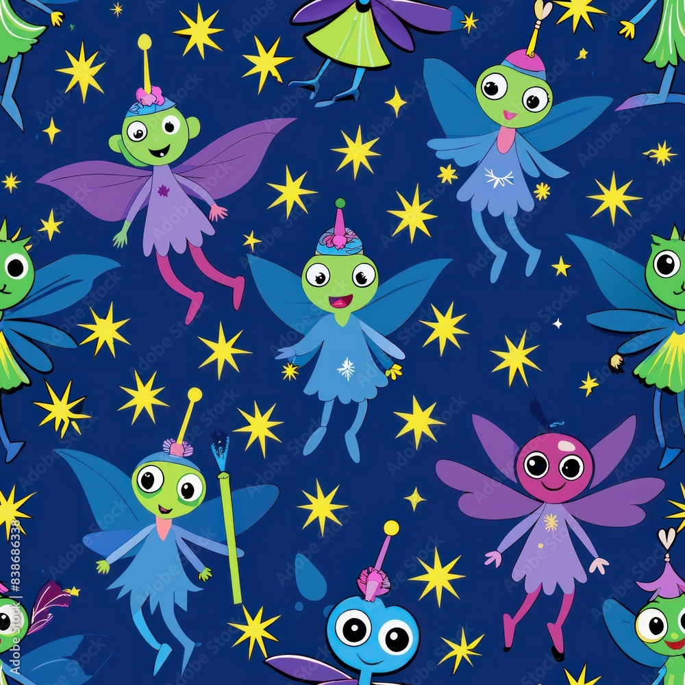 Obraz premium Seamless pattern of cute cartoon zombie fairies casting spells with sparkly wands, Generative AI