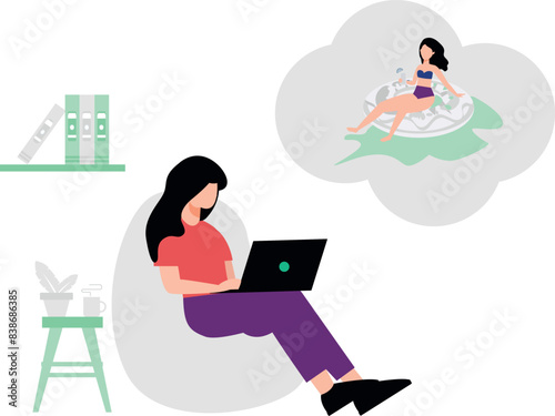 Girl dreaming of tanning while working on laptop.