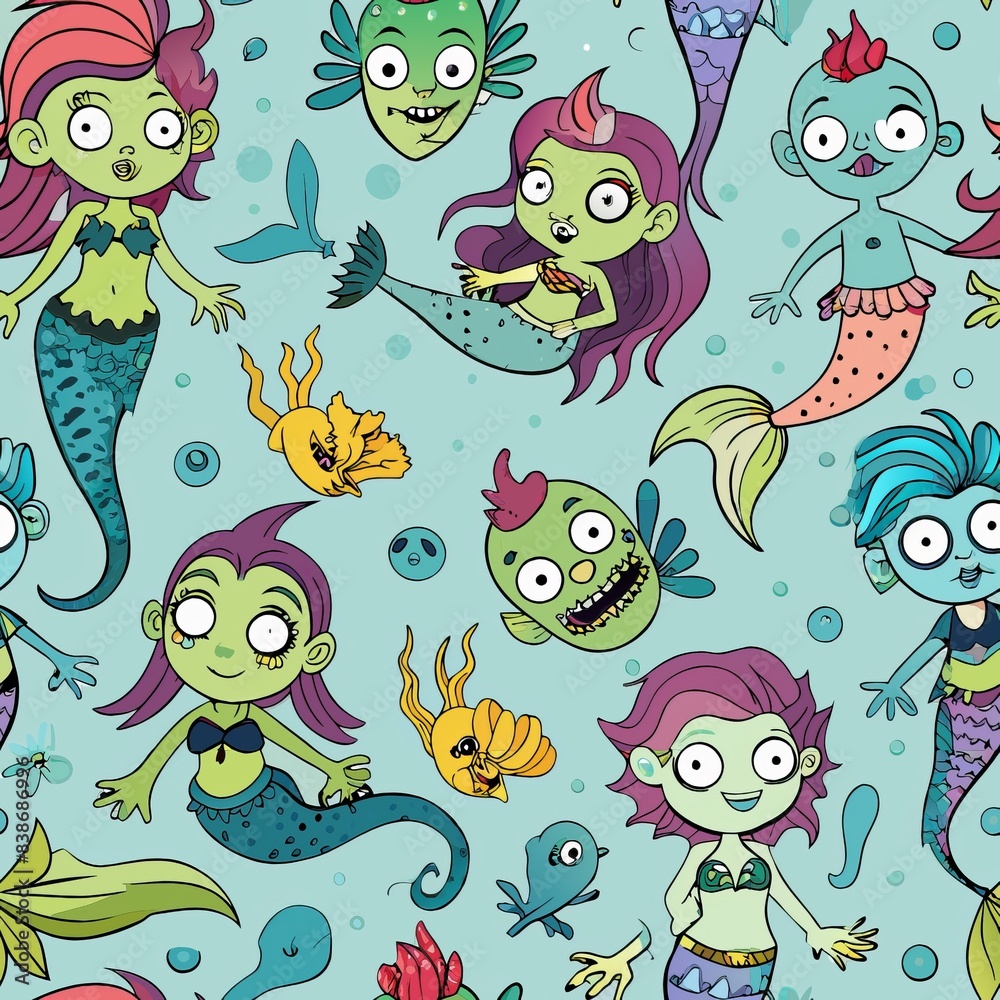 Obraz premium Seamless pattern of cute cartoon zombie mermaids swimming with fish and seahorses, Generative AI