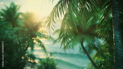 Lush green background with palm trees  focus on  tropical theme  whimsical  overlay  island paradise backdrop