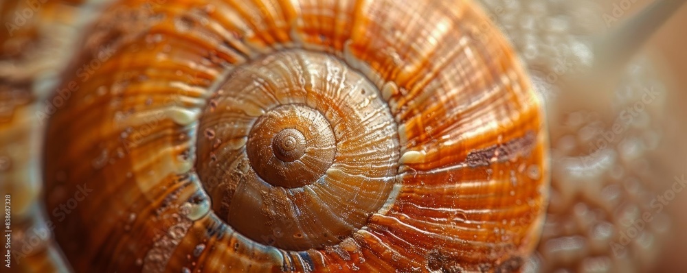 Closeup of a snails shell, highlighting the intricate patterns and textures Closeup of a snails shell, highlighting the intricate patterns and textures