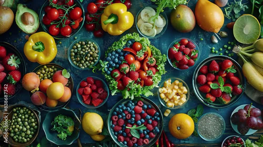 Create vibrant images of healthy foods showcasing fresh ingredients, balanced meals, and appealing presentations that promote nutritious eating