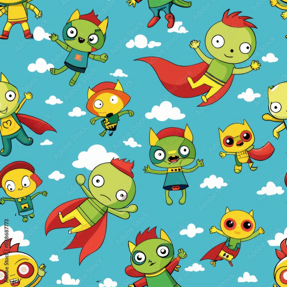 Obraz premium Seamless pattern of cute cartoon zombie superheroes flying through the sky with capes fluttering, Generative AI