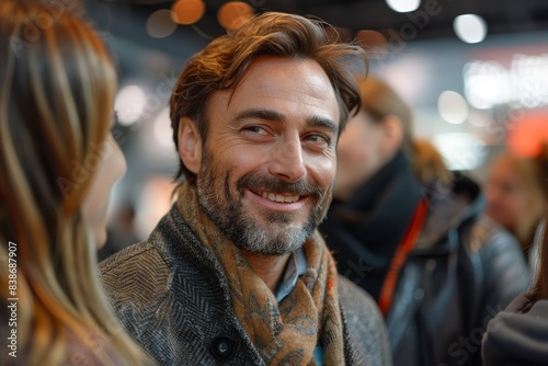 a business exhibition where delighted businessman converses and beams with joy while standing before an illuminated stand.