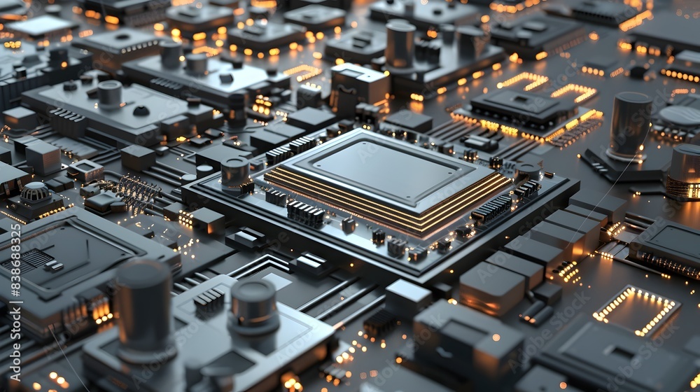 Abstract 3D Rendered Microchip Shapes Representing Futuristic Digital Technology