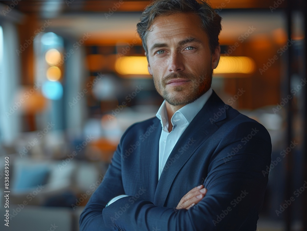 Fototapeta premium Confident businessman with arms crossed in office. Generative AI.