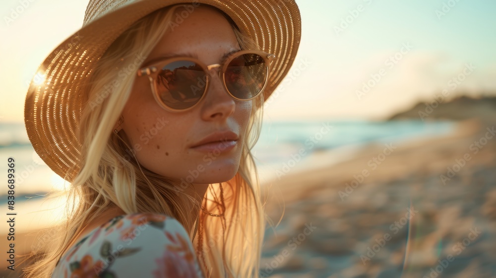 Beautiful woman in sunglasses and hat at sunset beach. Generative AI. Beautiful woman in sunglasses and hat at sunset beach. Generative AI.