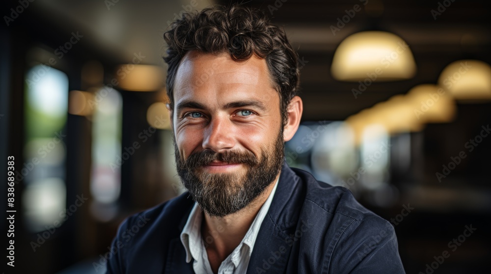 Smiling man with beard in casual outfit. Generative AI.
