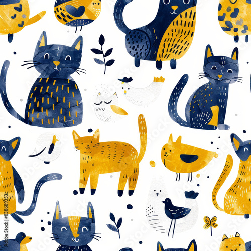 Playful Patterns of Cute Pets in Hand-Lettering Style – Light Yellow and Dark Azure Designs for Wallpapers, Murals, and Animated GIFs on a White Background photo