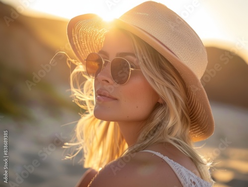 Stylish woman in sunglasses and hat at the beach. Generative AI.