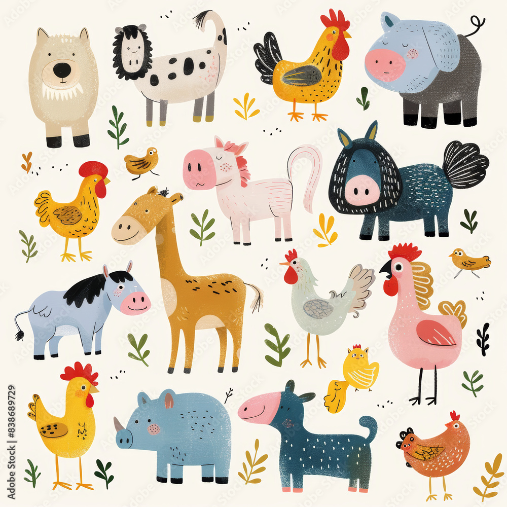 Adorable Vector Set of Simple Animal Drawings – Includes Kids' Illustrations of Dogs, Cats, Chickens, Horses, and Pigs in a Fun and Playful Cartoon Style Adorable Vector Set of Simple Animal Drawings – Includes Kids' Illustrations of Dogs, Cats, Chickens, Horses, and Pigs in a Fun and Playful Cartoon Style