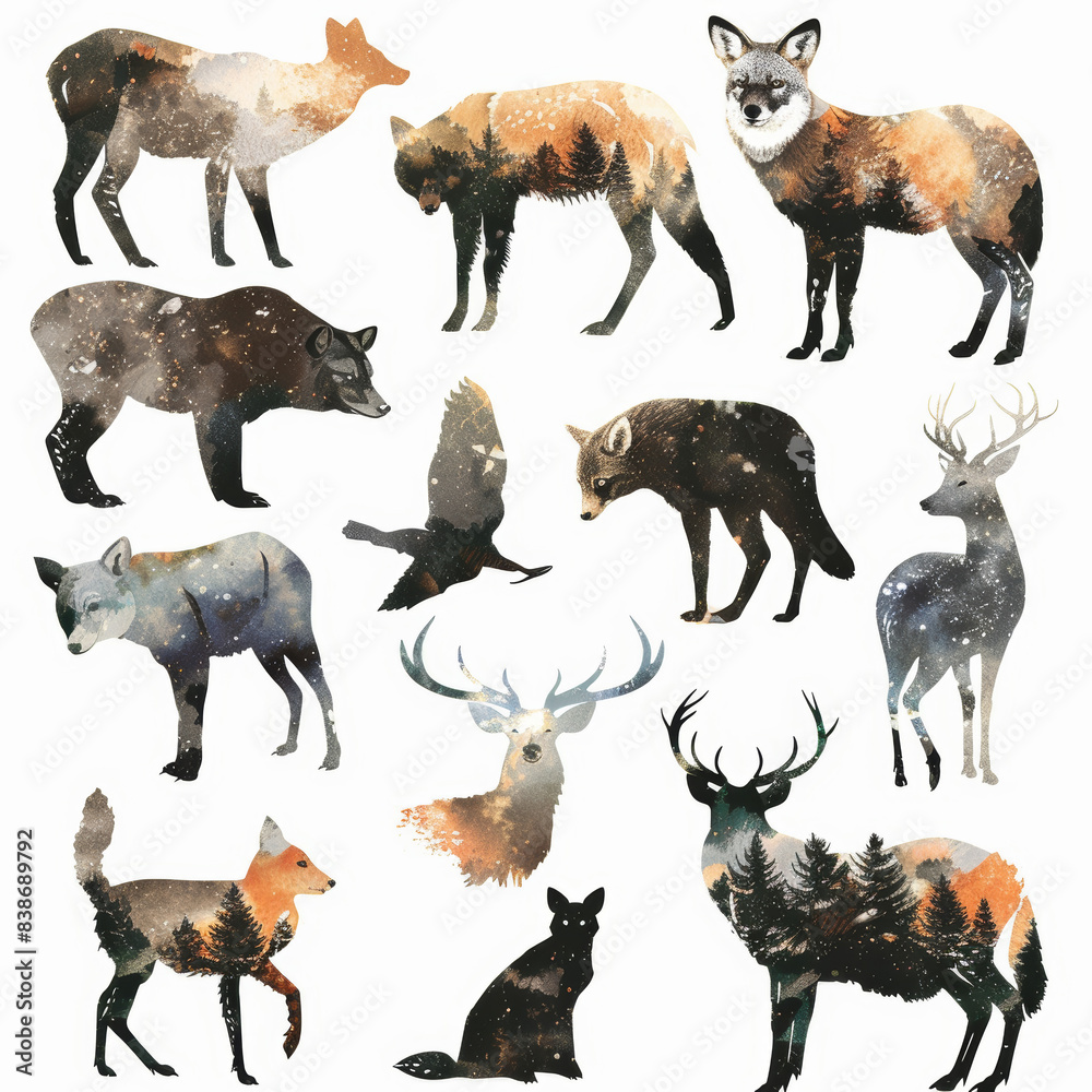 Obraz premium Elegant Vector Illustrations of Animal Silhouettes in Watercolor Style on a White Background – High-Resolution 8k Art Collection