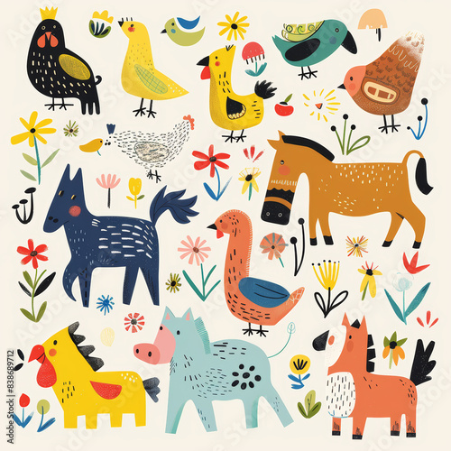 Adorable Vector Set of Simple Animal Drawings – Includes Kids' Illustrations of Dogs, Cats, Chickens, Horses, and Pigs in a Fun and Playful Cartoon Style