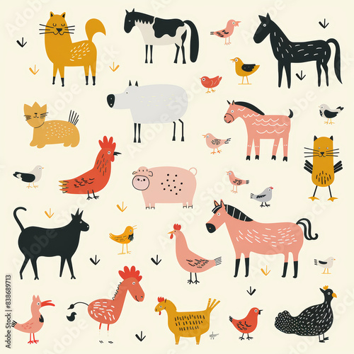 Adorable Vector Set of Simple Animal Drawings – Includes Kids' Illustrations of Dogs, Cats, Chickens, Horses, and Pigs in a Fun and Playful Cartoon Style