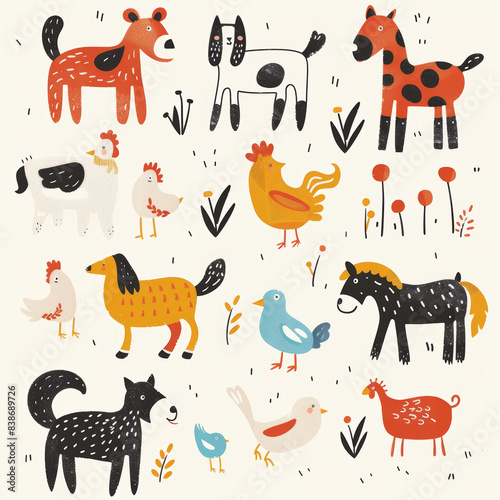 Adorable Vector Set of Simple Animal Drawings – Includes Kids' Illustrations of Dogs, Cats, Chickens, Horses, and Pigs in a Fun and Playful Cartoon Style