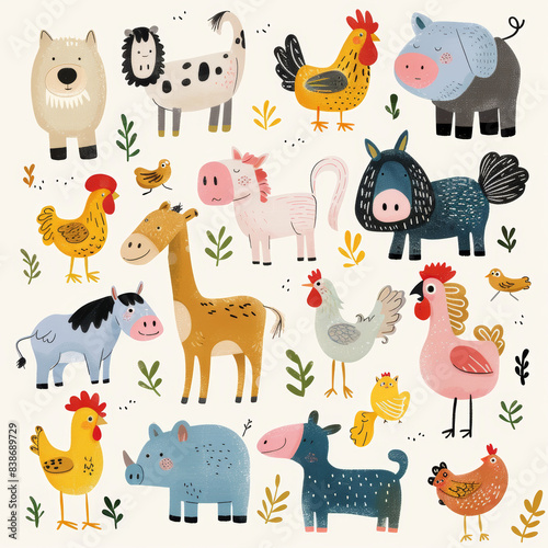Adorable Vector Set of Simple Animal Drawings – Includes Kids' Illustrations of Dogs, Cats, Chickens, Horses, and Pigs in a Fun and Playful Cartoon Style