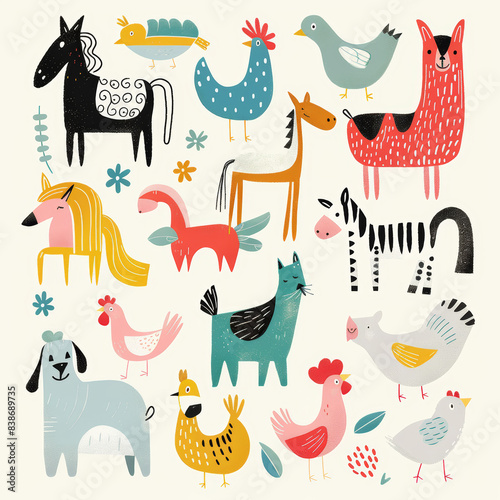 Adorable Vector Set of Simple Animal Drawings – Includes Kids' Illustrations of Dogs, Cats, Chickens, Horses, and Pigs in a Fun and Playful Cartoon Style